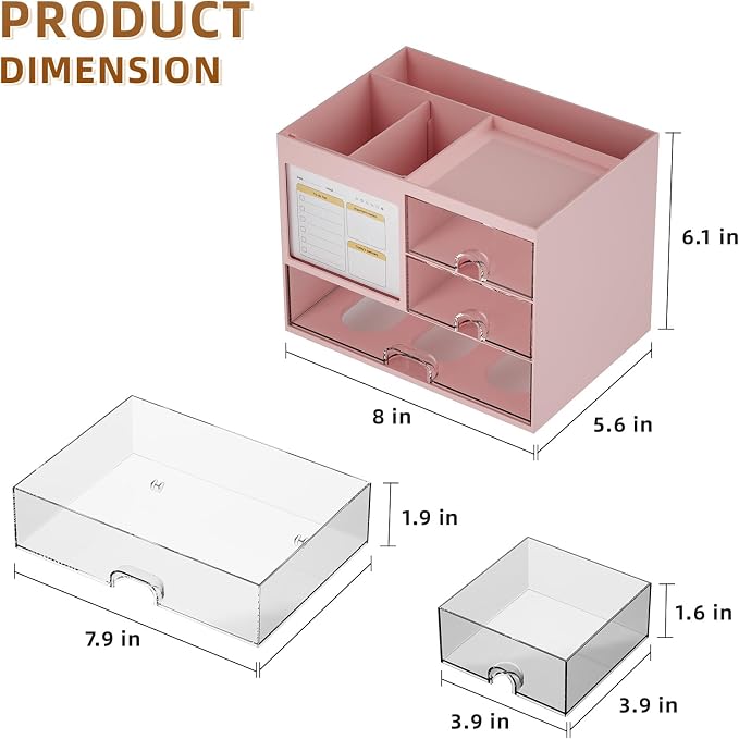 Marbrasse Desk Organizer with 3 Drawer, Multi-Functional Pencil Pen Holder for Desk, Desk Organizers and Accessories with 4 Compartments, Desktop Organizer Storage for Office Home Art Supplies (Pink)