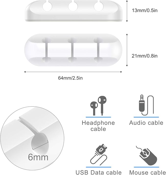 SOULWIT Cable Holder Clips, 3-Pack Cable Management Cord Organizer Clips Silicone Self Adhesive for Desktop USB Charging Cable Nightstand Power Cord Mouse Cable Wire PC Office Home - White