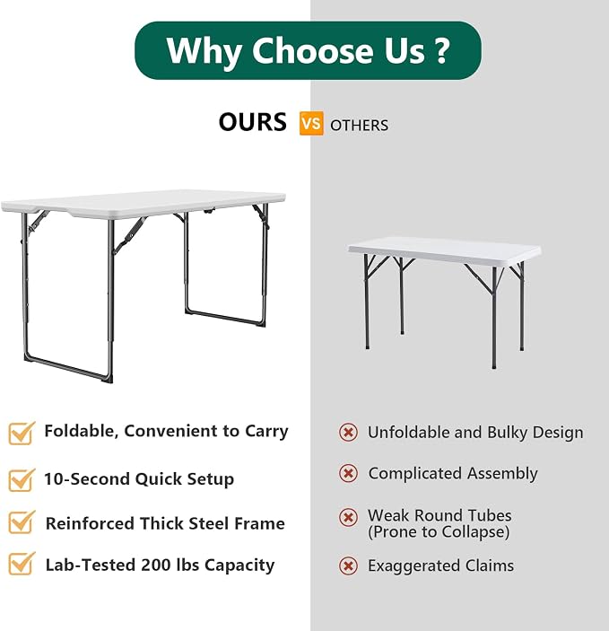 4ft Folding Table with Adjustable Height, Heavy Duty Fold-in-Half Plastic Table with Steel Legs and Handle, Portable for Indoor, Outdoor, Picnic, Camping, Dining, Party, White