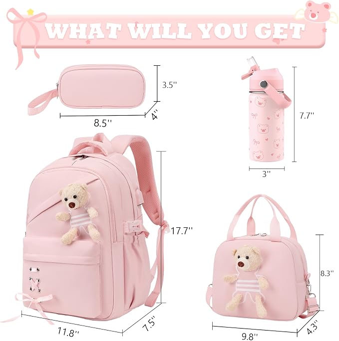 ACESAK Backpack for Girls with Insulated Water Bottle - 4 PCS Cute Girls Backpack with Lunch Box, Pencil Case & Kids Cup Set - 14oz Kids Water Bottle with Straw Set Back to School Supplies (Pink)