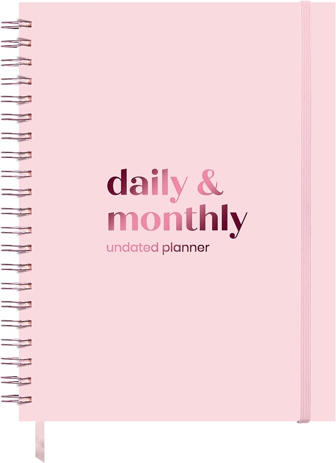 Undated Daily Planner | 2026 Calendar | Large Daily and Monthly Planner with Hourly Schedule, 8.5" x 11" | 6 Month, Full Page a Day, To do List, Time Blocking, Pink Aesthetic Hardcover Spiral Notebook