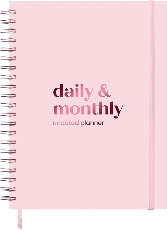 Undated Daily Planner | 2026 Calendar | Large Daily and Monthly Planner with Hourly Schedule, 8.5" x 11" | 6 Month, Full Page a Day, To do List, Time Blocking, Pink Aesthetic Hardcover Spiral Notebook