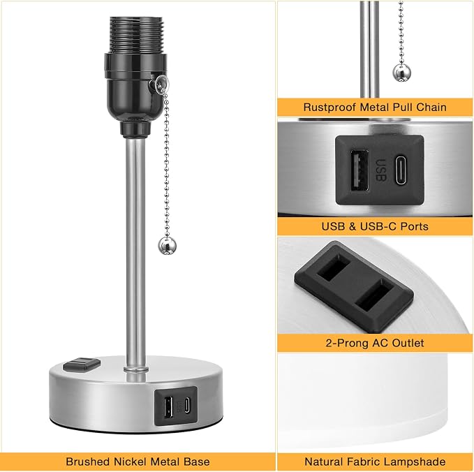 White Bedside Lamp for Bedroom - 3 Color Temperatures Desk Lamp with USB C and A Ports, Pull Chain Table Lamp with AC Outlet, Nightstand Lamp with Silver Metal Base for Kids Girls