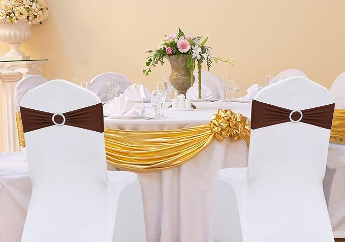 Tvoip 10PCS Chair Cover Stretch Band with Buckle Slider Sashes Bow Wedding Banquet Chair Decoration (Dark Brown)