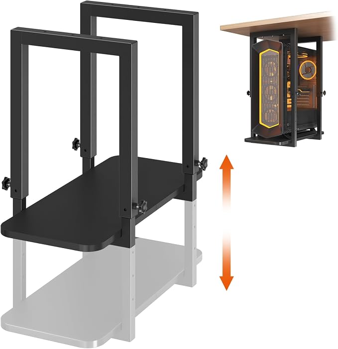 Heavy Duty Under Desk PC Mount with Adjustable Height, Under-Desk Computer CPU Holder for PC Case, Space Saving Desk Mounted Computer Stand, Max Load 66 lbs, Black