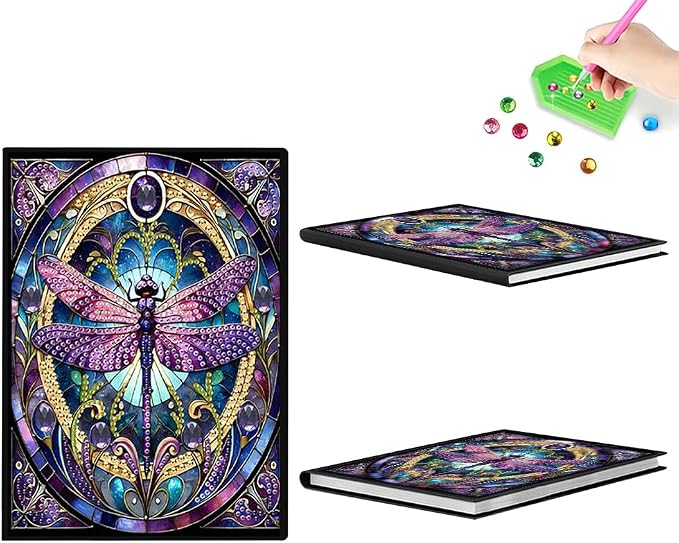 FRANDEK Pearl Painting Notebook Kit, Purple Dragonfly A5 DIY Journal with 50 Blank Pages, Diamond Gem Art Cover with Waterproof Canvas, Beginner Craft Set with Full Tools for Adults