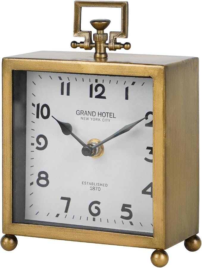 NIKKY HOME Small Gold Table Clock, Silent Classic Decorative Desk Clocks | Non-Ticking Battery Operated Vintage Metal Square Shelf Clock, Antique Decor for Living Room, Bathroom, Office, Mantel