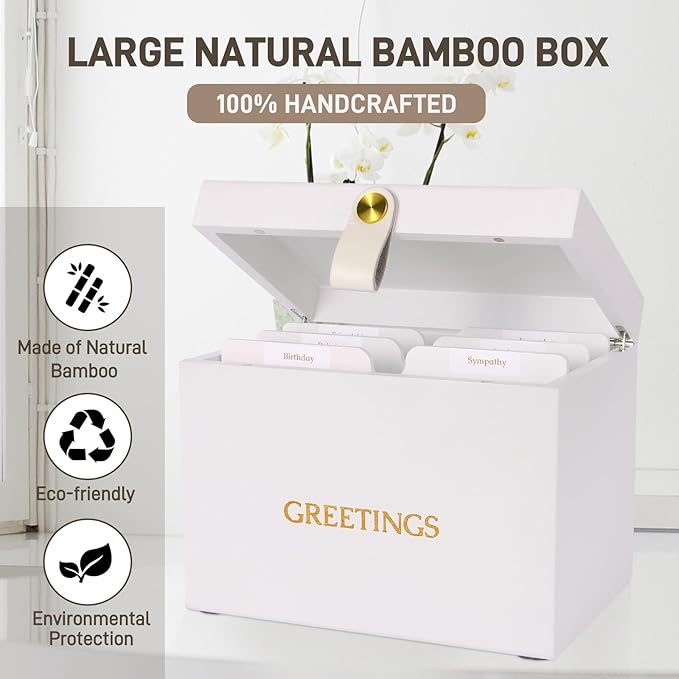 Large Bamboo Greeting Card Organizer Box with 6 Removable Dividers, Real Leather Handle, 100% Handmade Solid Bamboo, Storage Box for Christmas, Valentine, & Birthday Cards, Postcards, Stationery& More