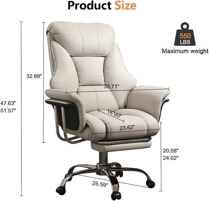 Big and Tall Office Chair Wide Seat Ergonomic Leather Executive Desk Chair with Leg Rest, Heavy-Duty 550 lbs Adjustable Height Computer Gaming Chairs