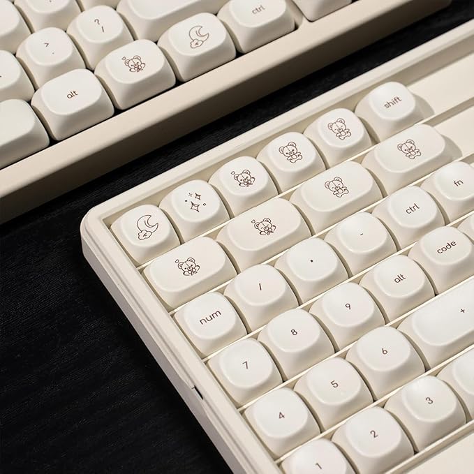 MOA Profile Cute Bear Keycaps, 124keys PBT Keycaps Set, Minimalist White Keyboard Key Caps, Custom Dye Sublimation Keycap for 61/64/68/84/87/100/104/108 Cherry MX Mechanical Keyboards(124 Keys)