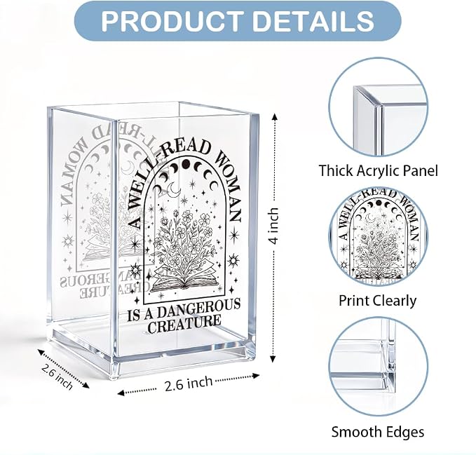 A Well Read Woman Is A Dangerous Creature Cosmetic Organizer Pencil Pen Holder, Bookmark Organizer Desk Accessories for Book Lover, Librarian Gifts for Women, Feminist Literary Office Gifts