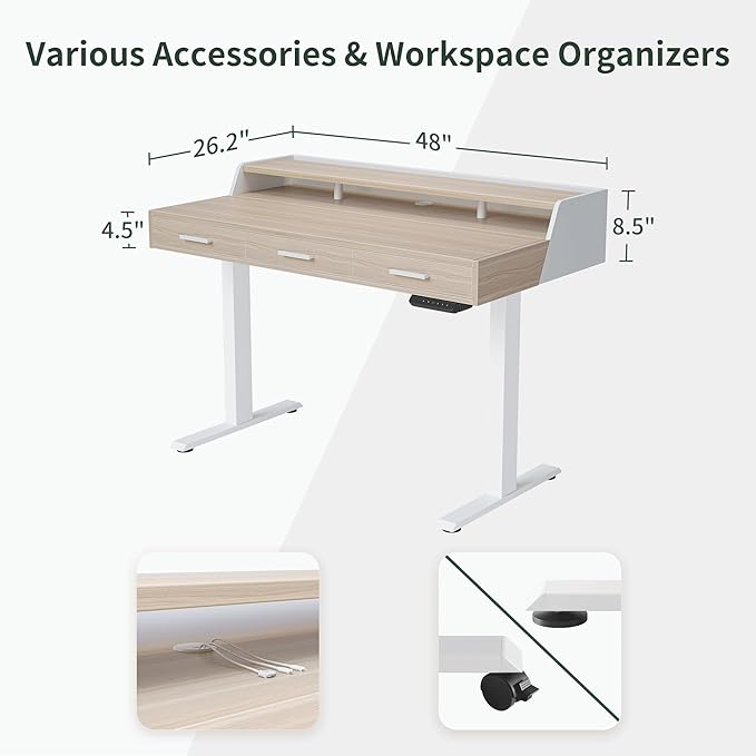 FEZIBO Electric Standing Desk 48x26 Inches with 3 Wood Drawers and Monitor Shelf, Height Adjustable Computer Desk, Ergonomic Rising Home Office Desks, Sit Stand Up Workstation Table, Light Walnut