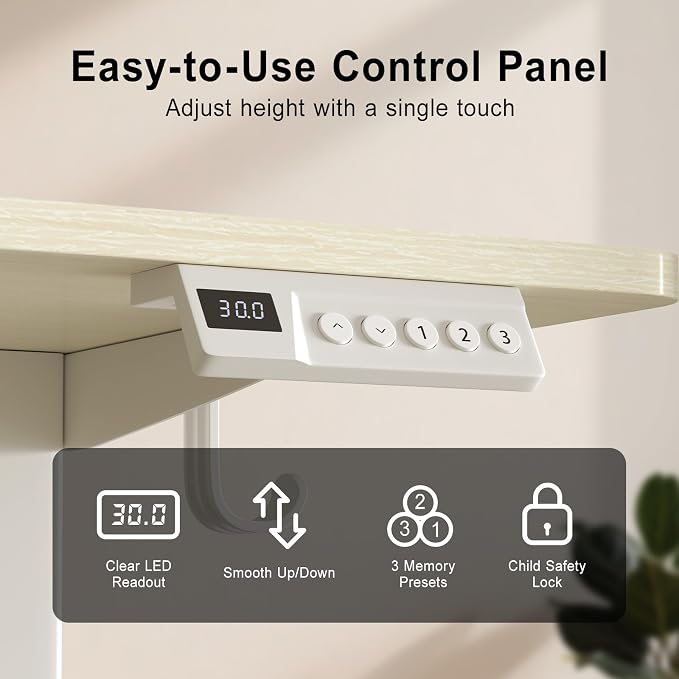 Adjustable Standing Desk, 40x24 Inch Electric Desk with 3 Memory Presets & Child Lock, Quiet Motor, Heavy Duty Steel Frame, Dual Hooks & Adjustable Feet, for Dual Monitors, Natural