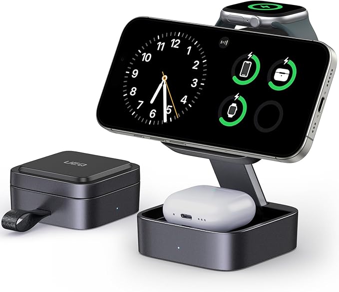 3 in 1 Wireless Charging Station for Apple Devices,Compatible with MagSafe Charger Stand,Foldable Fast Travel Magnetic Wireless Charger for iPhone 17 Air 16 15 14 13 12,Apple Watch&AirPods Pro