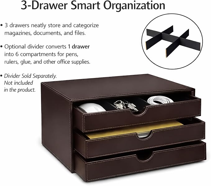 UnionBasic Leather Desktop Drawer Organizer, File Cabinet Magazine Document Holder, Office Supplies Desk Storage Organizer Box, 3 Drawer, Coffee