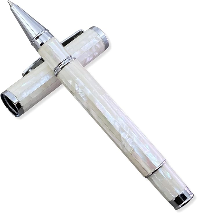 LACHIEVA LUX Elegant Mother of Pearl Rollerball Pen with German Refill, Premium Gift Set for Men, Women & Professionals (Pearl White)