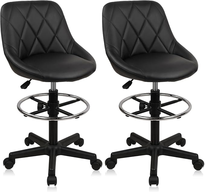 KLASIKA Drafting Chair with Back, Leather Rolling Swivel Stool with Adjustable Height and Footrest, Ergonomic Tall Standing Desk Office Chairs with Wheels for Home Work Shop Kitchen Bar, 2PK