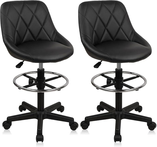 KLASIKA Drafting Chair with Back, Leather Rolling Swivel Stool with Adjustable Height and Footrest, Ergonomic Tall Standing Desk Office Chairs with Wheels for Home Work Shop Kitchen Bar, 2PK