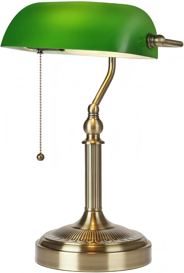 Green Glass Bankers Desk Lamp with Pull Chain Switch Plug in Fixture for Home Office