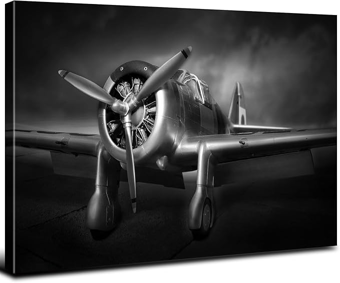 Airplane Propeller Wall Art Men Office Wall Decor Vintage Aircraft Picture Black and White Canvas Prints Artwork Fighter Poster Modern Aviation Military Painting for Home Bedroom Decoration 12x16"