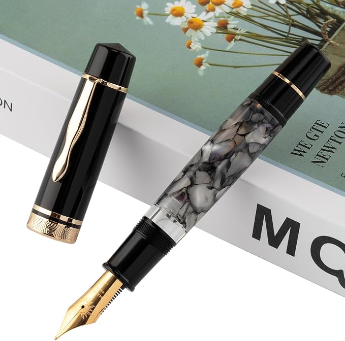 erofa Majohn P139 Piston Fountain Pen No.8 Medium Nib with Box, Gray Marble Acrylic Large Capacity Writing Pen