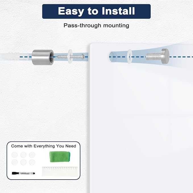 Magnetic Glass Whiteboard, 24" x 18", Frameless Wall Mount, Ultra White | Glass Dry Erase Board for Wall, Includes 1 Marker Tray and 6 Magnets, White Board for Office, Home, Classroom