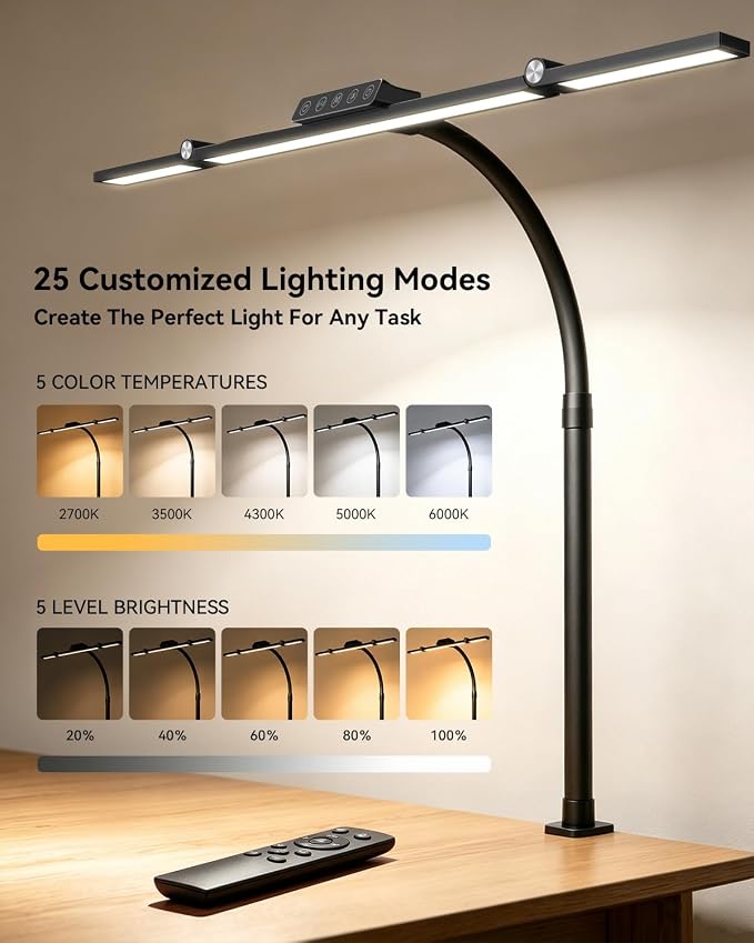 LED Desk Lamp with Clamp, 24W 3-Panel Light for Dual Monitors | 1800 Lumens, 96 LED, 3 Adjustable Panels, 360° Gooseneck, 2700K-6500K Color Temps, Remote, Touch Control, Memory Function
