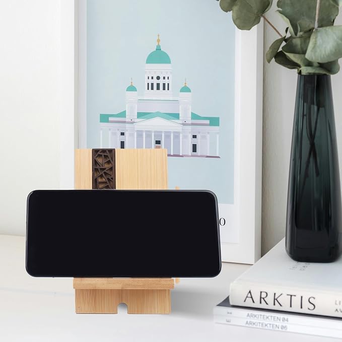 Mobile Stand Japanese Style Cellphone Holder Desktop Organizer Charging Station Compatible with All Smartphones Tablets Natural Bamboo Wood Portable Adjustable Angle (PATTERN-2HOLES)