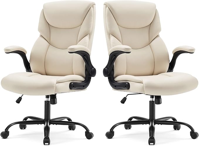 Sweetcrispy Ergonomic Computer Gaming Office Chair Set of 2, Heavy Duty Task Desk Swivel Rolling Chairs with Wheels, Flip-up Arms, Adjustable Height, PU Leather,Cream White