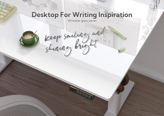 Claiks 40x24 Inch Super White Glass Standing Desk | Adjustable Height, Tempered Glass Top, Stand Up, Quick Install, 3 Memory Presets