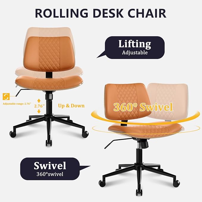 Modern Armless Office Chair with Wheels, Adjustable Swivel Desk Chair with Wide Seat and Tilt Function, Faux Leather Mid Century Task Chair for Home Office, Bedroom, Vanity, Brown
