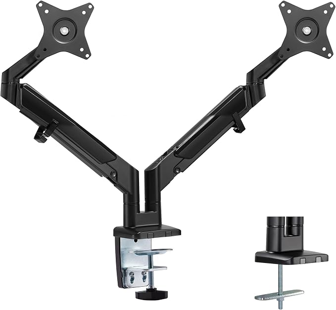 Mount-It Dual Monitor Arm Desk Mount, Low Profile Gas Spring, 17-32 in. | Fits Walls, Space Saving Steel, 19.8 lbs Each, Full Motion Height Adjustable, VESA 75x75/100x100, C-Clamp/Grommet, Black