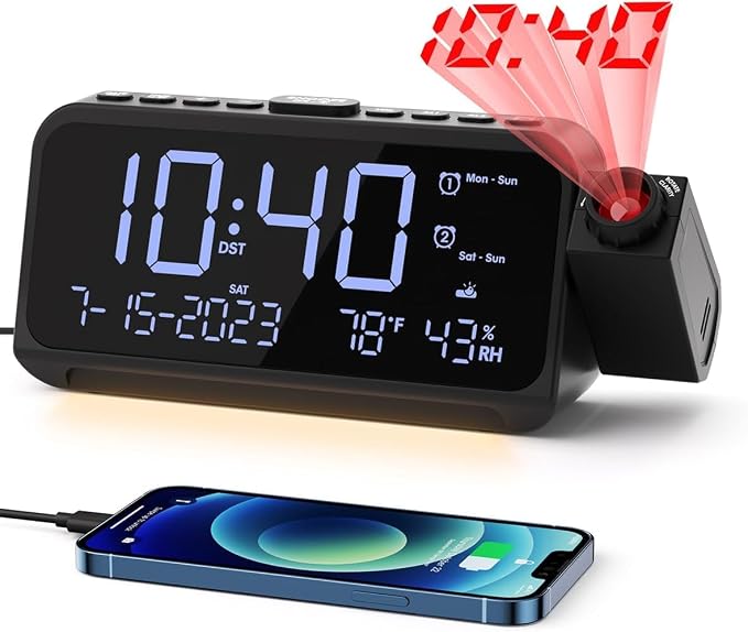 ROCAM Projection Alarm Clock with 180° Ceiling Projector & Digital Display | 5-Level Dimmer, Dual Alarms, Night Light, Temp & Humidity Display, Weekday/Weekend Mode, DST, Snooze Function for bedroom