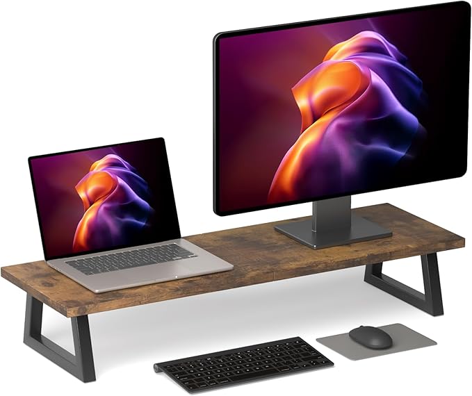 TEAMIX 31.5 inch Dual Monitor Stand Riser, TV Riser, Wood Desk Organizer | For 2 Monitors/Laptop/Printer, Long Computer Stand, Wood & Steel, Holds 150 lbs, PS5/Keyboard Storage, For Home Office Gaming