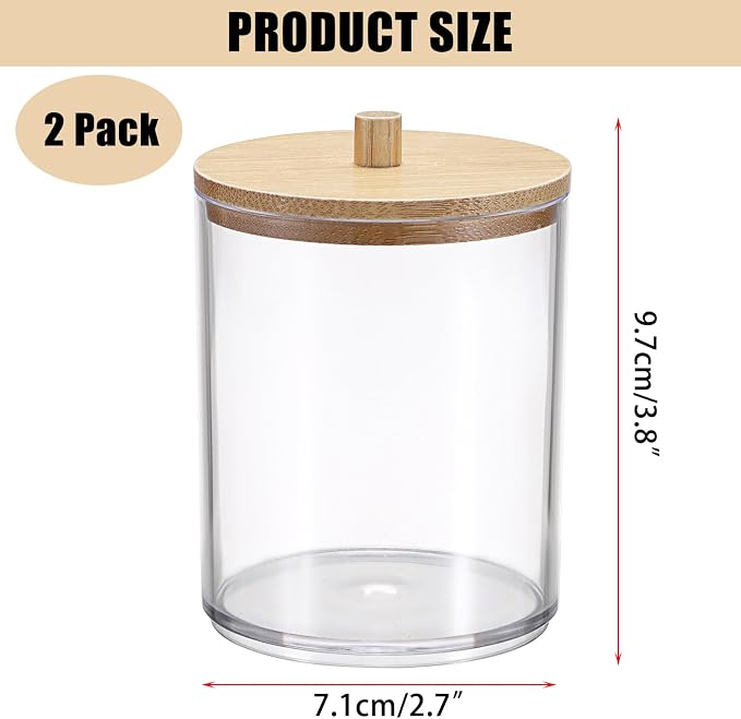 BTSKY 2 Pack Clear Paper Clip Holder with Bamboo Lid Plastic Paperclip Box Useful Office Supply Accessory Organizer Round Small Storage Holder Cute Qtip Holder for Office Bathroom Vanity