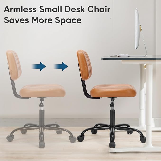 DUMOS Armless Desk Chair, Small Home Office Vanity Chair | Height Adjustable, PU Leather, 360° Swivel Rolling Wheels, Low Back, Bedroom, Deep Brown