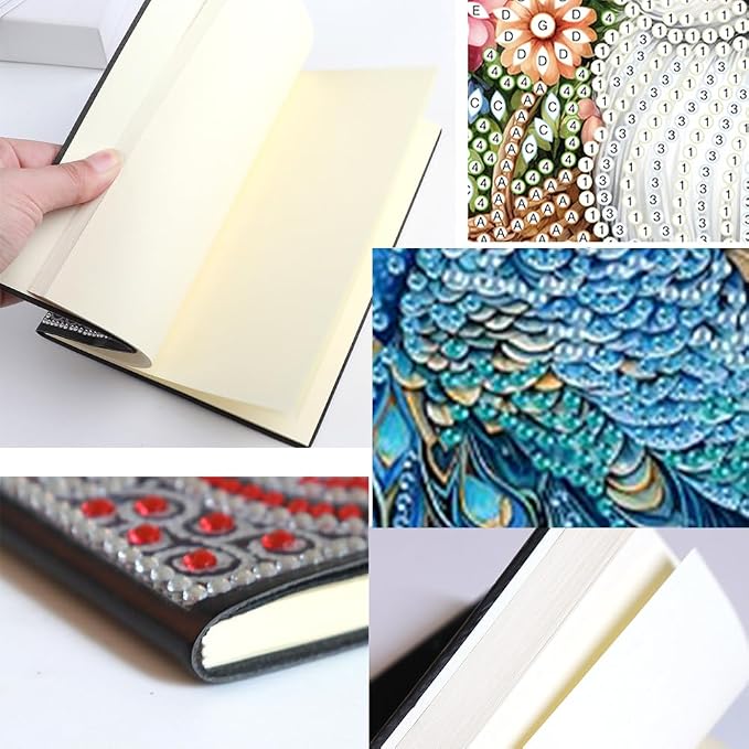 FRANDEK Pearl Painting Notebook Kit, Blue Peacock A5 DIY Journal with 50 Blank Pages, Diamond Gem Art Cover with Waterproof Canvas, Beginner Craft Set with Full Tools for Adults