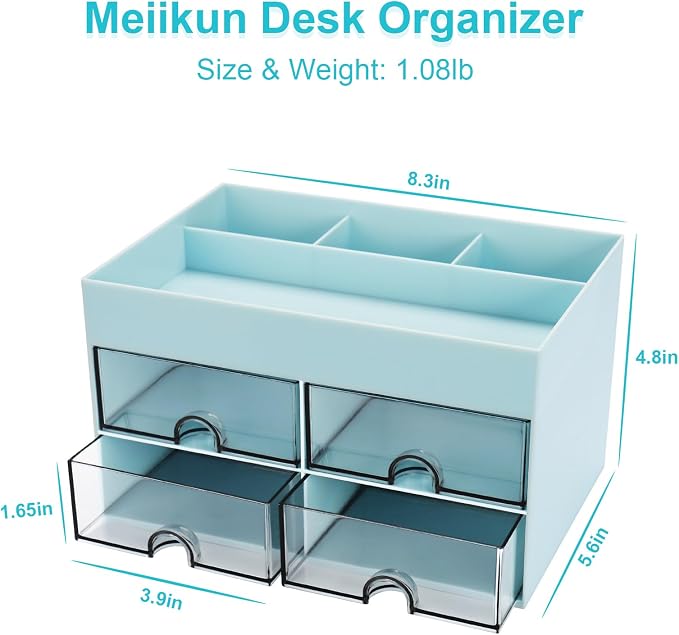 Meiikun Desk Organizer, Office Organizer with Drawer, Desk Accessories & Workspace Organizers, Pen Holder Office Supplies for Desk (4 Drawers+4 Compartments, Blue)