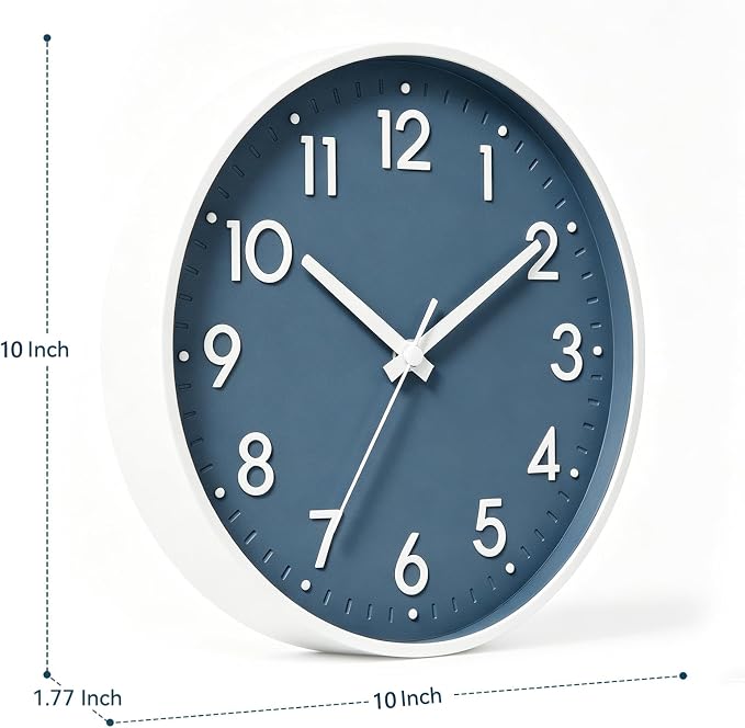 Mosewa 10 Inch Wall Clock Battery Operated Silent Non Ticking Analog | Azure Blue modern clock; oversized 3D easy-read dial for kitchen, bedroom & office; 1 AA battery (not included)