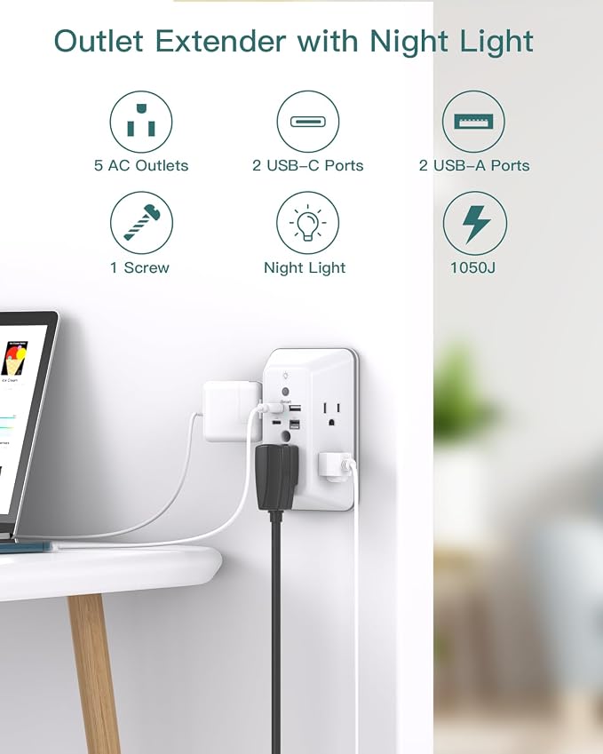 Addtam Surge Protector Outlet Extender, Plug Extension Outlet with Night Light, 5-Outlet Splitter and 4 USB Ports(PD 20W), Multi Plug Wall Outlet for Home Office Dorm Room Essentials