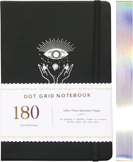 BUKE Dotted Notebook Journal 180GSM Bamboo Thick White Paper 160 Pages 5 * 5MM Dot Grid, Lay Flat Binding,Colored Silver Edges, Bookmarks and Expandable Back Pocket (BKP-9)