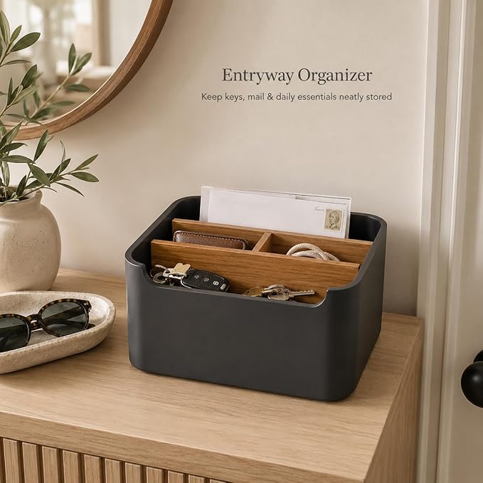 Remote Control Holder, Desk Organizer with Removable Dividers,Black | 5-compartment resin and wood organizer holds remotes, pens, glasses, and media devices for desk, coffee table, or nightstand