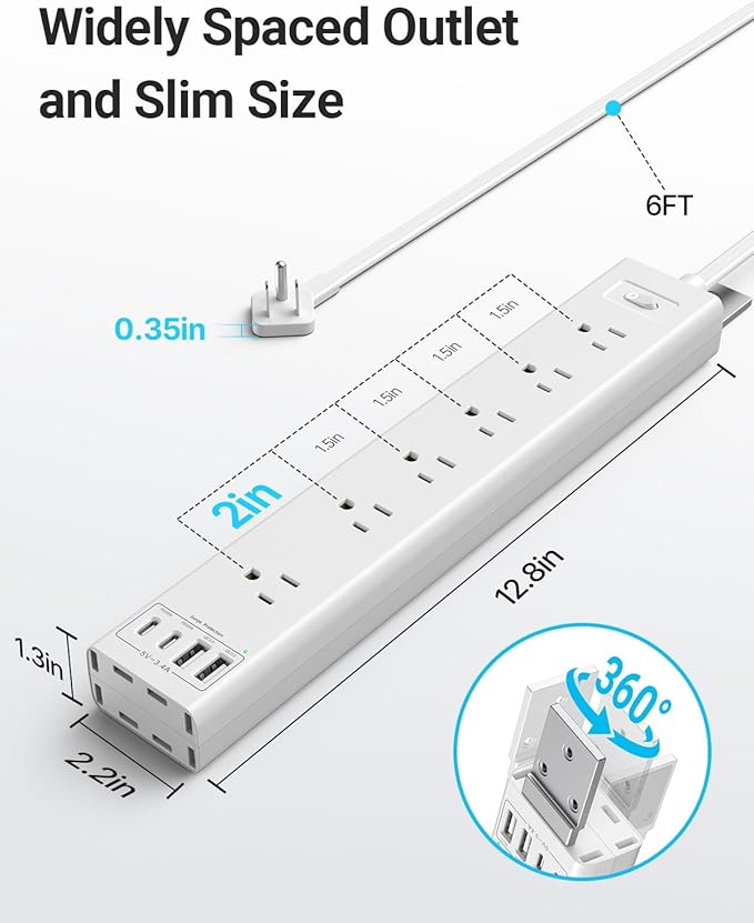 360° Mountable Surge Protector Power Strip with 4 USB Ports (2 USB C), 6 FT Electrical Outlet & Flat Plug Extension Cord for Under Desk, Wall, or Corner Mount (White)