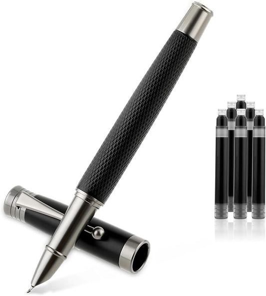 TIESOME Luxury Fountain Pen Set, Metal Fountain Pen with 6 2.6mm Ink Cartridges Smooth Writing Calligraphy Pens for Journaling Gift Office Business (0.7mm bent nib)