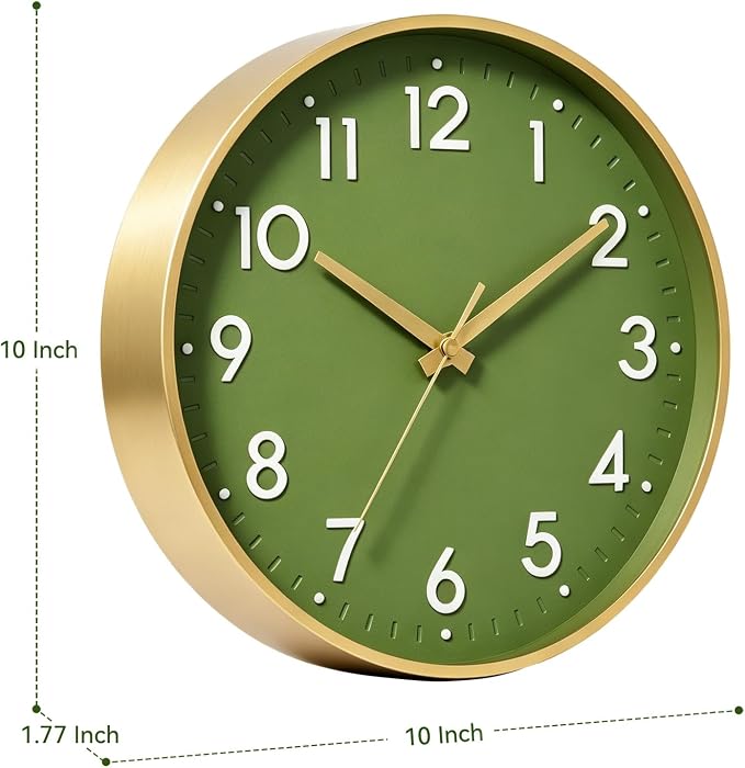 Mosewa 10 Inch Wall Clock Battery Operated Silent Non Ticking Analog | Olive green & gold modern clock; oversized 3D easy-read dial for kitchen, bedroom & office; 1 AA battery (not included)
