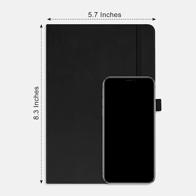 RETTACY Lined Journal Notebook, 2-Pack, 192 Numbered Pages per Pack, A5 Medium Size (5.7'' x 8.3''), for Men & Women, Writing, Work, Leather Hardcover, 100 GSM Thick Paper (Black & Black)