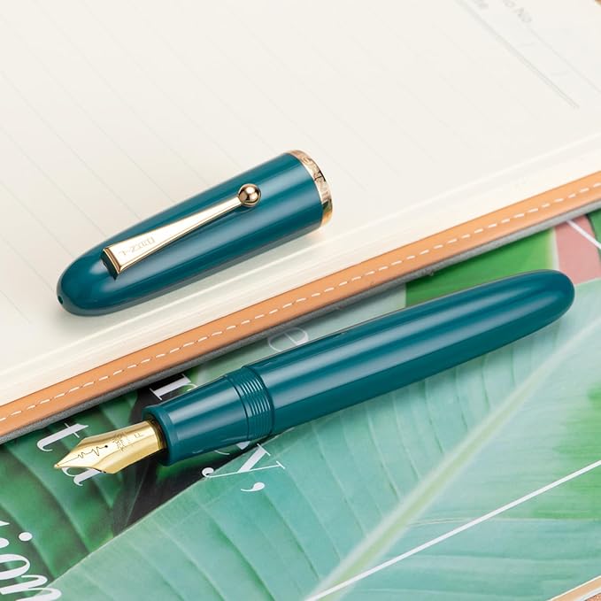 Jinhao 9019 DaDao Series Fountain Pen, Size 8 Fine Heartbeat Nib with Large Ink Converter, Lake Blue Acrylic Design Smooth Writing Pen (Gold Trim)