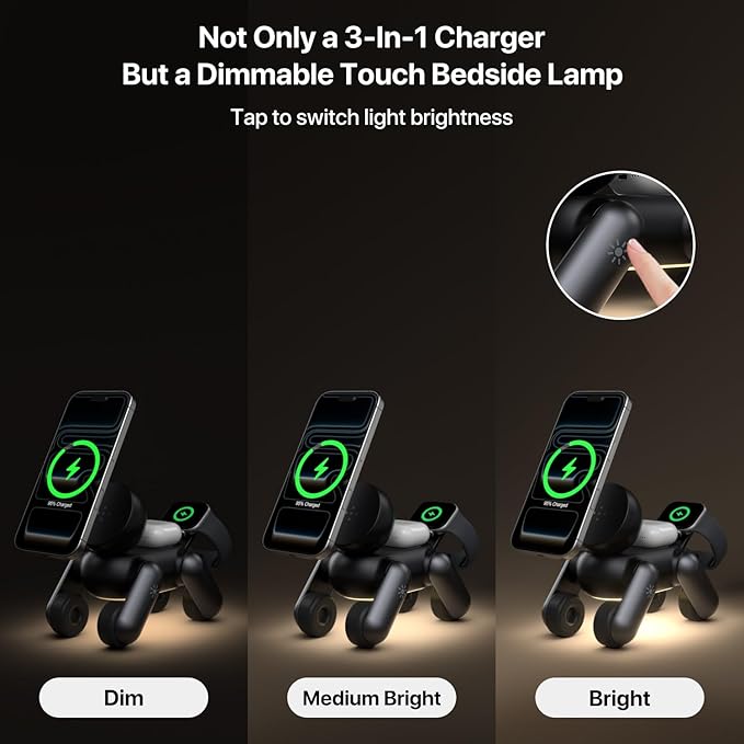 3 in 1 Wireless Charging Station for Apple Devices,Foldable Cute Magnetic Mag-Safe Wireless Charger Stand with Night Light for iPhone 17 Air 16 15 14 13 12 Series,AirPods 4 3 2 Pro,Apple Watch