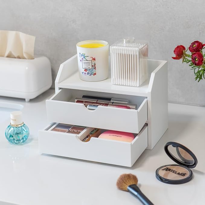 ZGZD Wooden Organizer Mini Desk Drawer Tabletop Office Supplies Desk Accessories for Office or Home White (2 Drawers)
