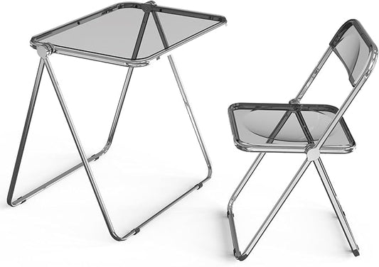 VINGLI Folding Acrylic Table and Chair Set Small TV Tray for Snack Dinner on Couch, Tiny Foldable Desk Writing Desk for Home Office for Small Spaces (Grey)